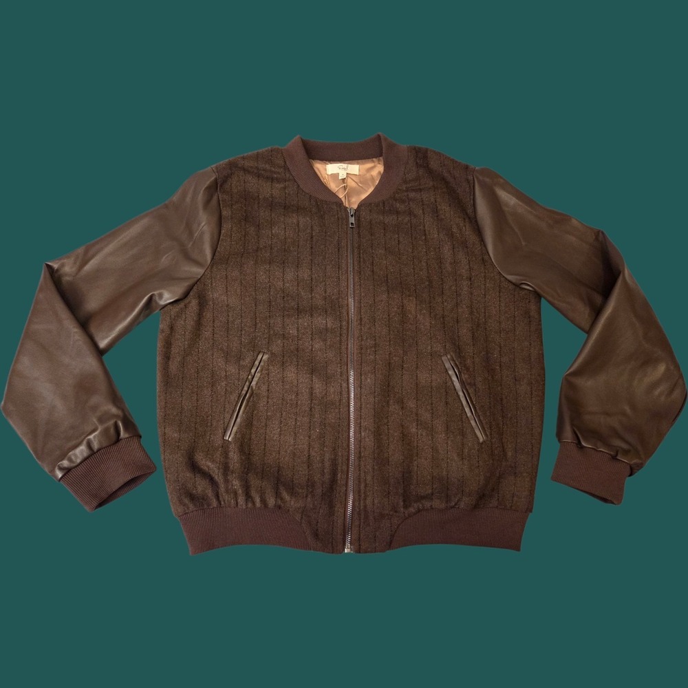 Easel Sz‎ M (L) Vegan Leather Brown Bomber Wool Pinstripe